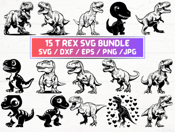 15 T Rex SVG, DXF, EPS, JPG, and PNG Files for Creative Projects